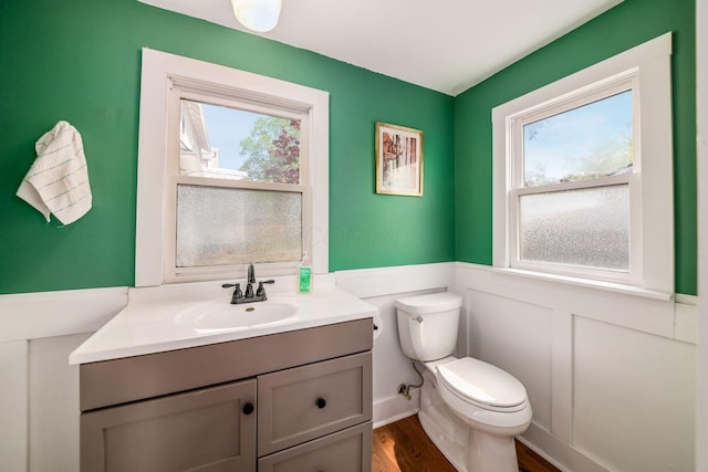 bathroom featuring vanity, wainscoting, toilet, and wood finished floors