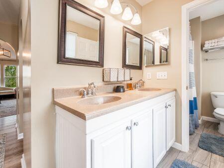 bathroom with a sink, baseboards, toilet, and double vanity