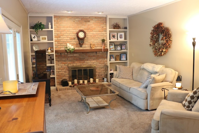 10160 Wellington Dr, Pickerington, OH 43147 - carpeted living area with ornamental molding, a brick fireplace, and built in shelves