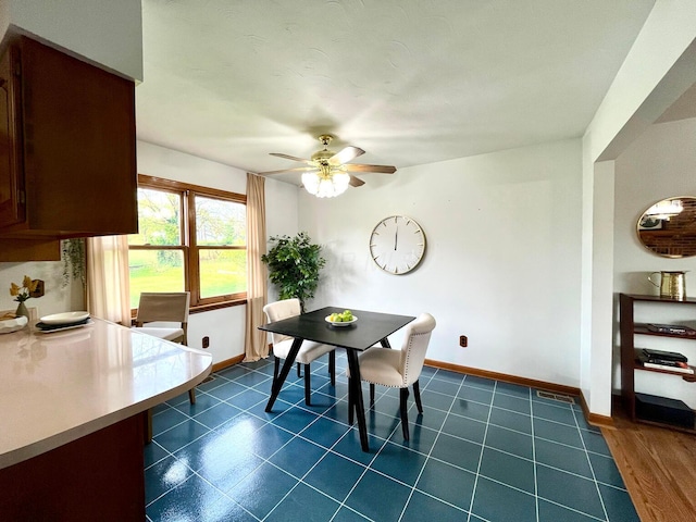 dining room featuring baseboards, a ceiling fan, and visible vents