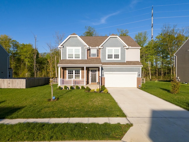 traditional home with a porch, a garage, brick siding, fence, and concrete driveway