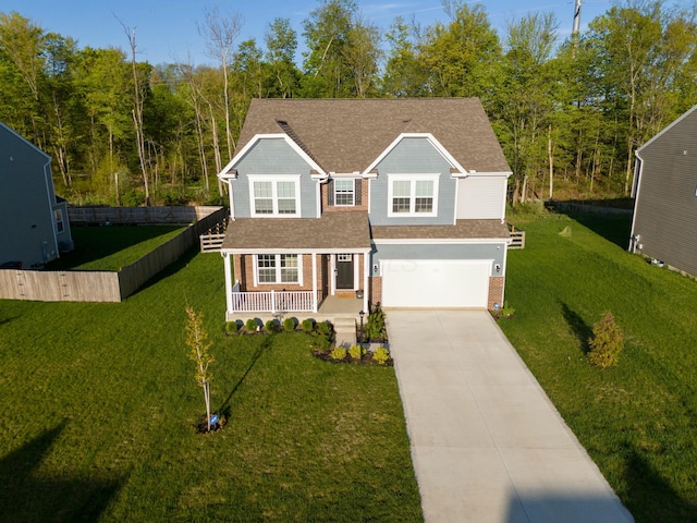 traditional home featuring roof with shingles, brick siding, a garage, concrete driveway, and covered porch