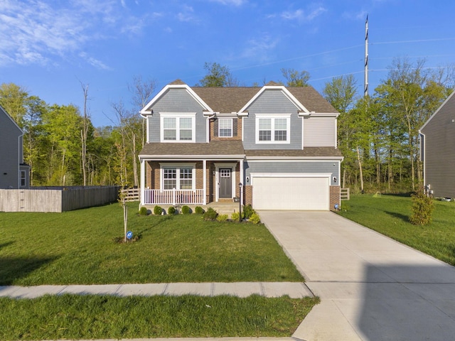 view of front facade featuring covered porch, brick siding, fence, concrete driveway, and an attached garage