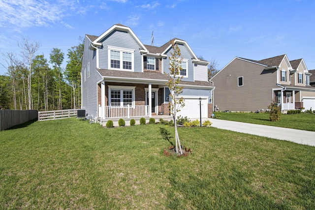 craftsman-style house featuring an attached garage, fence, central AC unit, concrete driveway, and a porch