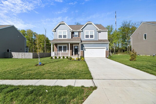 craftsman-style home with a front lawn, an attached garage, brick siding, concrete driveway, and a porch