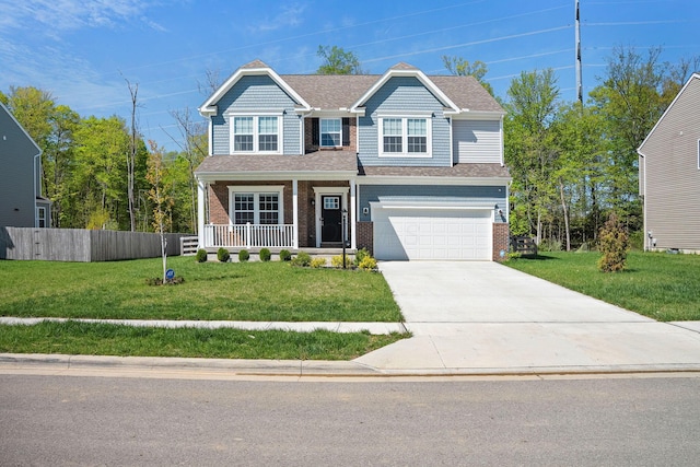 view of front of property with fence, an attached garage, a front lawn, a porch, and concrete driveway