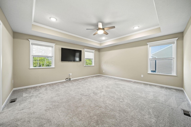 spare room with carpet flooring, a tray ceiling, ornamental molding, and ceiling fan
