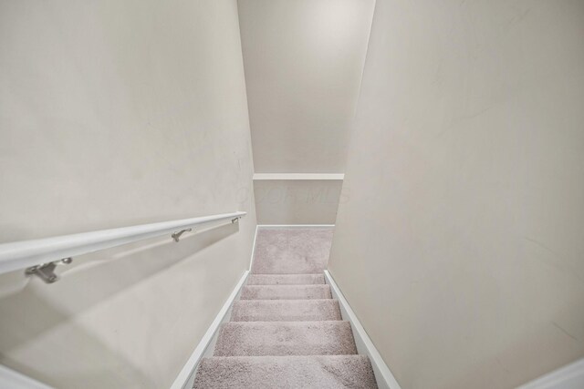 staircase with carpet floors and baseboards