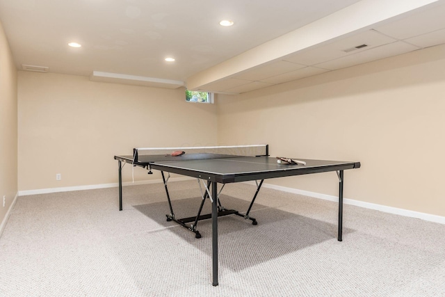 game room featuring carpet floors, recessed lighting, baseboards, and visible vents