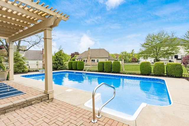 view of pool featuring a pergola, a fenced in pool, a fenced backyard, and a patio area