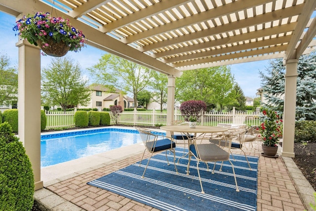 view of pool with a pergola, a fenced in pool, outdoor dining area, and a fenced backyard
