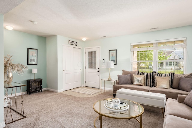 living area featuring visible vents, a wood stove, baseboards, a textured ceiling, and carpet flooring