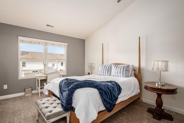 carpeted bedroom with visible vents, baseboards, and lofted ceiling
