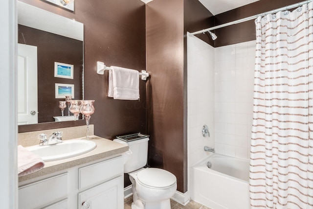 bathroom featuring vanity, shower / tub combo with curtain, and toilet