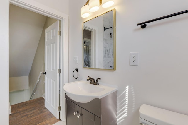 bathroom featuring toilet, wood finished floors, and vanity