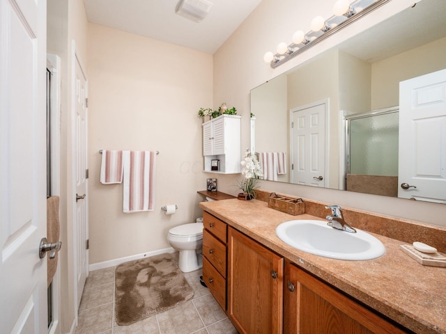 bathroom with vanity, toilet, tile patterned floors, visible vents, and a stall shower
