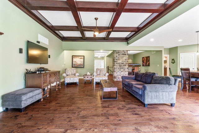 living room with wood finished floors, beamed ceiling, baseboards, recessed lighting, and coffered ceiling