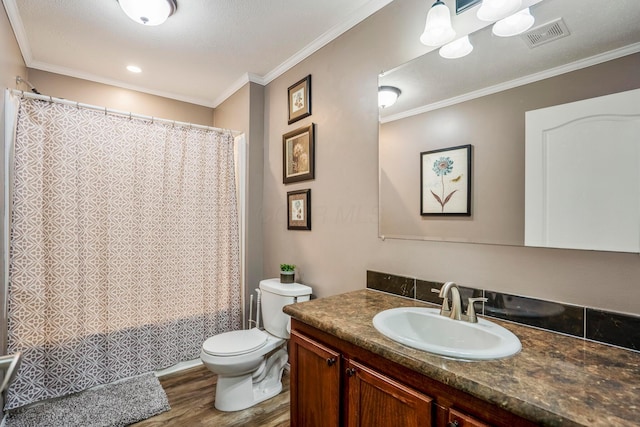 24796 E Fork Rd, Laurelville, OH 43135 - bathroom featuring crown molding, vanity, toilet, wood finished floors, and visible vents