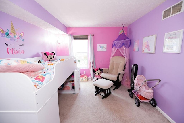 bedroom featuring carpet flooring, baseboards, and visible vents