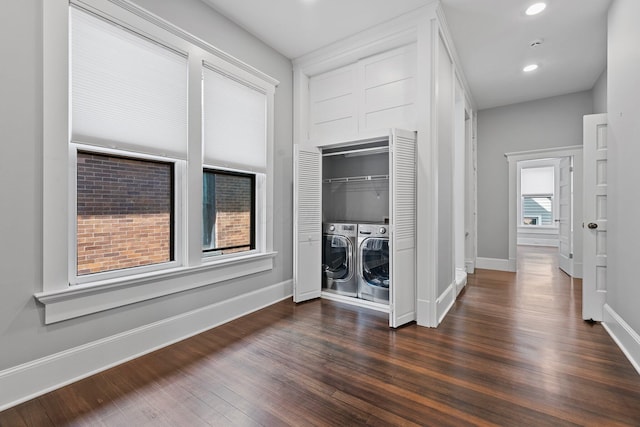 884 Neil Ave, Columbus, OH 43215 - hallway featuring dark wood-style floors, washing machine and clothes dryer, and recessed lighting