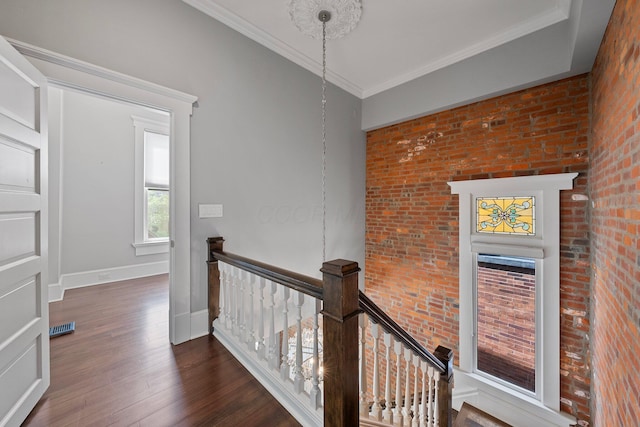884 Neil Ave, Columbus, OH 43215 - hall with an upstairs landing, wood-type flooring, and crown molding