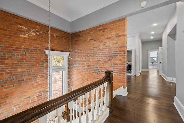 884 Neil Ave, Columbus, OH 43215 - hall with wood finished floors, ornamental molding, an upstairs landing, and recessed lighting
