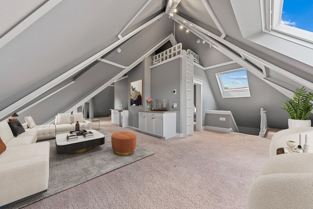 884 Neil Ave, Columbus, OH 43215 - living area featuring carpet floors, lofted ceiling, and a skylight