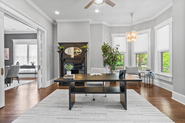 884 Neil Ave, Columbus, OH 43215 - office space with dark wood-type flooring, ceiling fan, a chandelier, recessed lighting, and crown molding