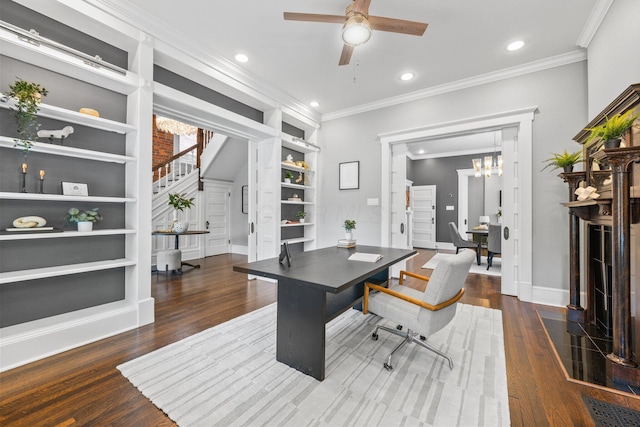884 Neil Ave, Columbus, OH 43215 - home office with crown molding, wood finished floors, a ceiling fan, recessed lighting, and built in shelves