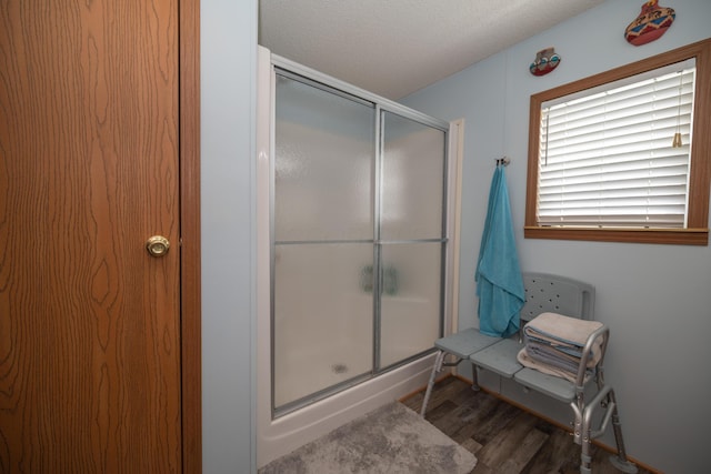 full bathroom featuring a shower stall and wood finished floors