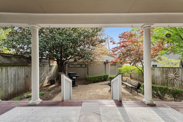 view of patio / terrace featuring a fenced backyard and area for grilling