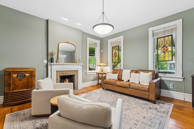 living area featuring baseboards, a fireplace, and wood finished floors