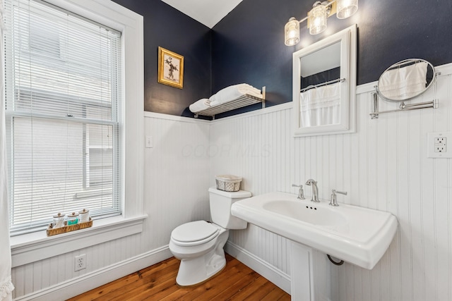 full bath featuring a sink, wainscoting, toilet, and wood finished floors