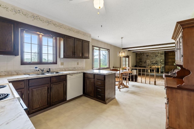 kitchen with a textured ceiling, plenty of natural light, a sink, and white dishwasher