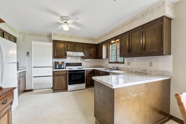 kitchen with a sink, under cabinet range hood, a ceiling fan, range with electric cooktop, and dark brown cabinets