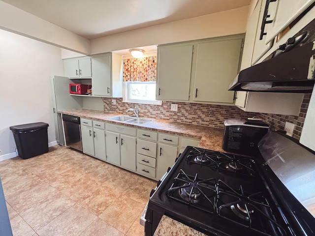 kitchen featuring a sink, dishwasher, black range with gas cooktop, tasteful backsplash, and under cabinet range hood