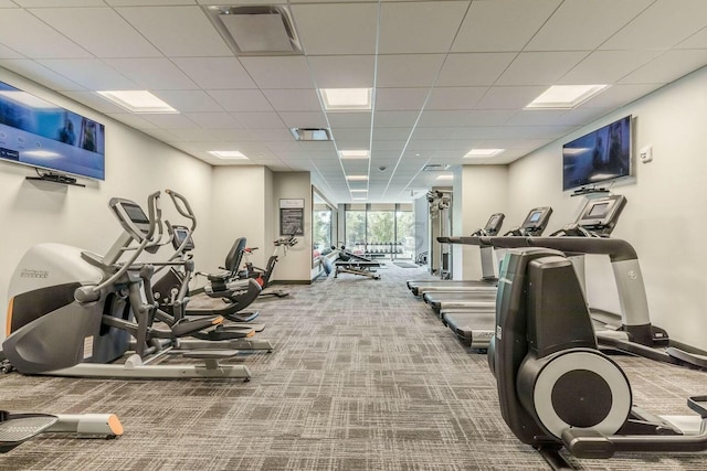 gym featuring baseboards, visible vents, a paneled ceiling, and carpet