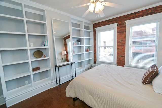 200 Thurman Ave, Columbus, OH 43206 - bedroom featuring crown molding, brick wall, and ceiling fan