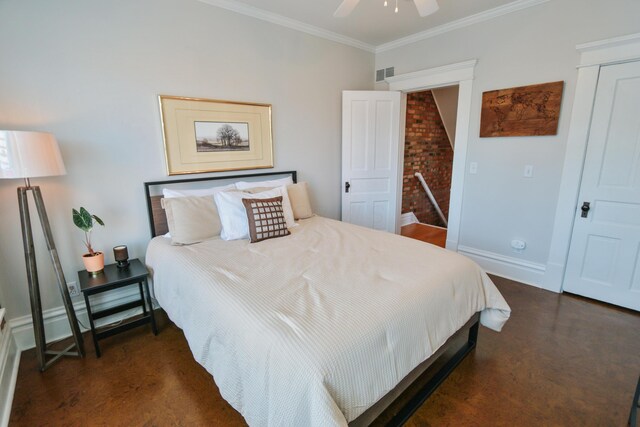 200 Thurman Ave, Columbus, OH 43206 - bedroom featuring crown molding, baseboards, a ceiling fan, and visible vents