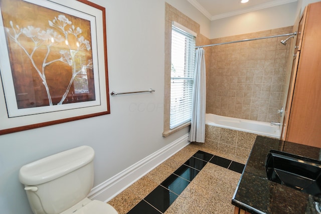 200 Thurman Ave, Columbus, OH 43206 - bathroom with crown molding, toilet, baseboards, tiled shower / bath, and granite finish floor