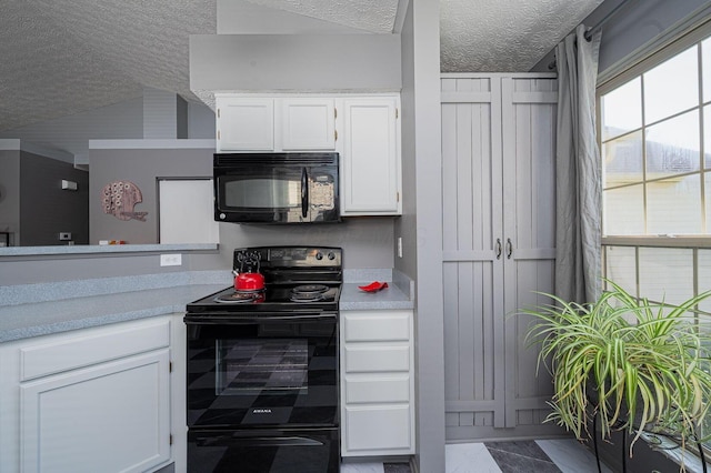 kitchen with light countertops, black appliances, a textured ceiling, and white cabinetry