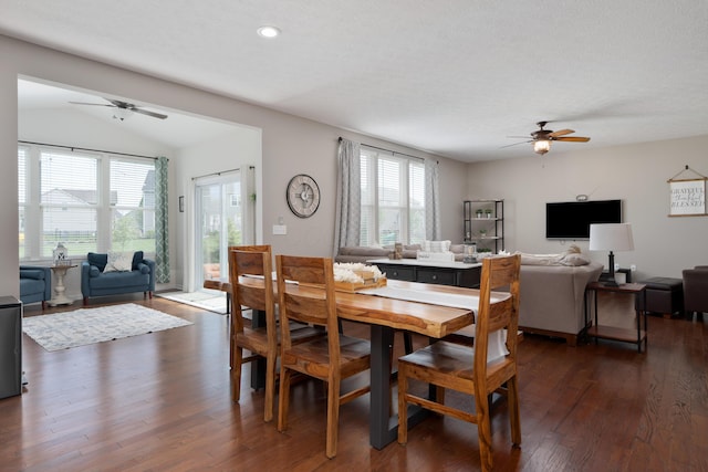 dining space with recessed lighting, a ceiling fan, dark wood-type flooring, and a wealth of natural light