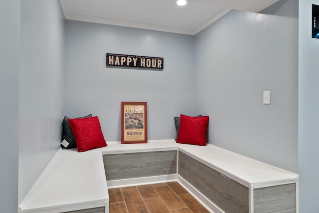 mudroom featuring recessed lighting, dark wood-style flooring, and crown molding