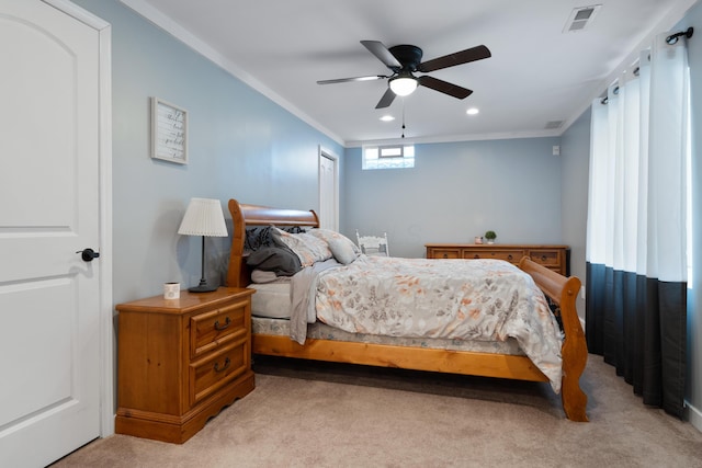 bedroom with ceiling fan, visible vents, crown molding, light carpet, and recessed lighting