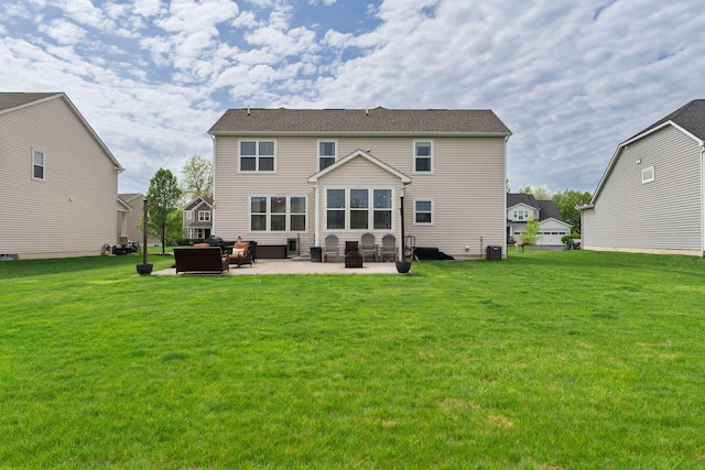 rear view of house featuring a patio, a lawn, an outdoor hangout area, and cooling unit