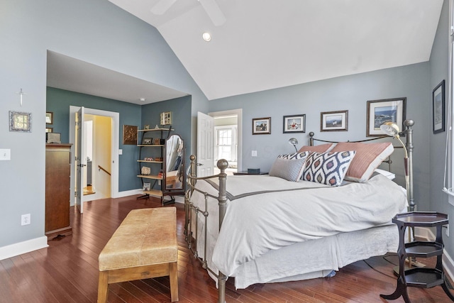 47 Richards Rd, Columbus, OH 43214 - bedroom with a ceiling fan, baseboards, wood finished floors, and high vaulted ceiling