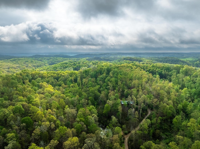 drone / aerial view featuring a wooded view