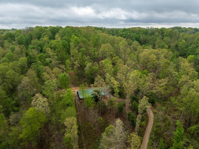 bird's eye view with a wooded view
