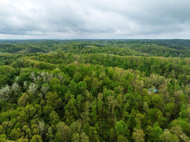 drone / aerial view with a wooded view