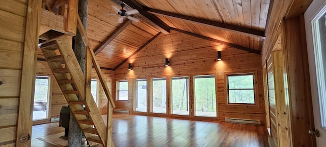 additional living space featuring a baseboard heating unit, wooden walls, wooden ceiling, and lofted ceiling with beams